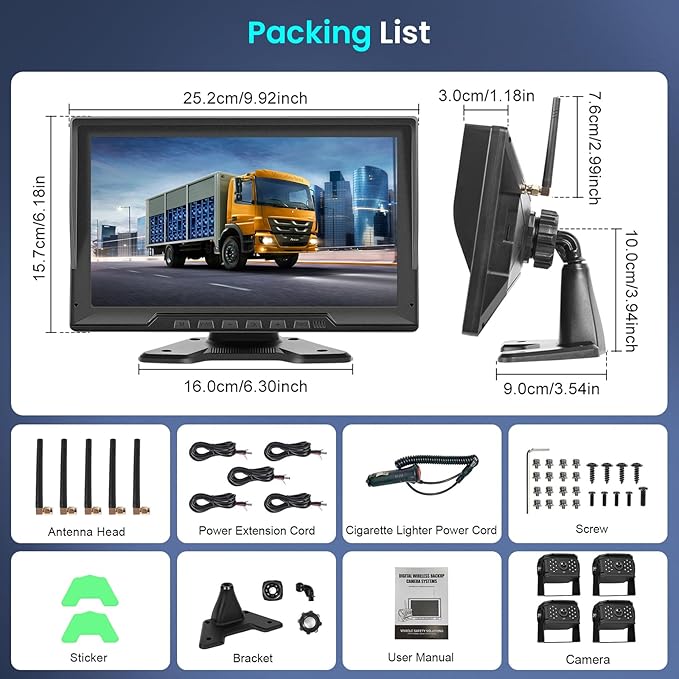 1080P Wireless Backup Camera Digital System Kit, Hodozzy 10.1 Inch HD 4 Quad Split Screen Reversing Monitor with Loop Record, Night Vision/IP68 Waterproof/Rear View Camera RV/Truck/Trailer/Bus/Camper