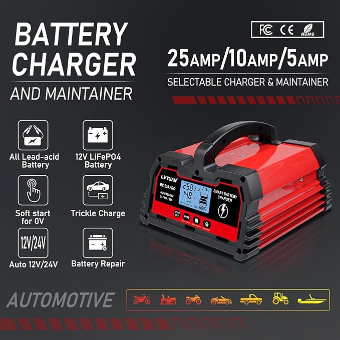 LVYUAN 25Amp Smart Car Battery Charger, 12V/24V Automotive Charger, Lead-Acid Battery, LiFePO4 Battery Maintainer with LCD Display, Trickle Charger, for Lawn Mower, Motorcycle, AGM, STD, Gel, EFB,etc