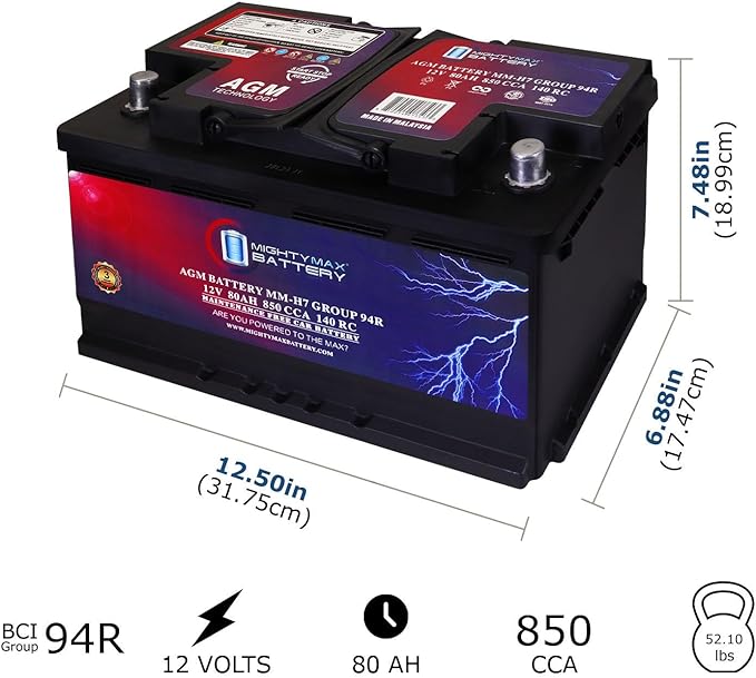 Mighty Max Battery MM-H7 Start and Stop Car BCI Group Size 94R 12V 80AH, 140RC, 850 CCA Rechargeable AGM Car Battery