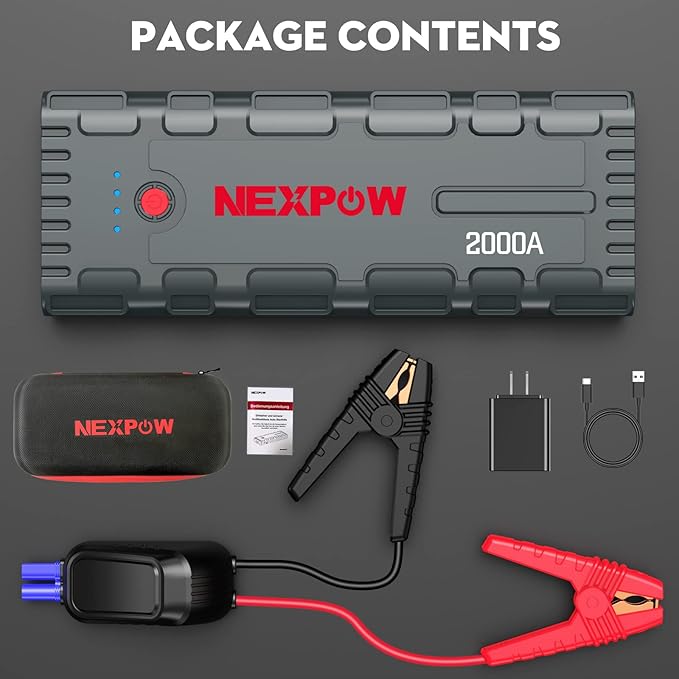 NEXPOW 2000A Peak Car Battery Jump Starter with USB Quick Charge 3.0 (Up to 7.0L Gas or 6.5L Diesel Engine), 12V Portable Battery Starter, Battery Booster with Built-in LED Light