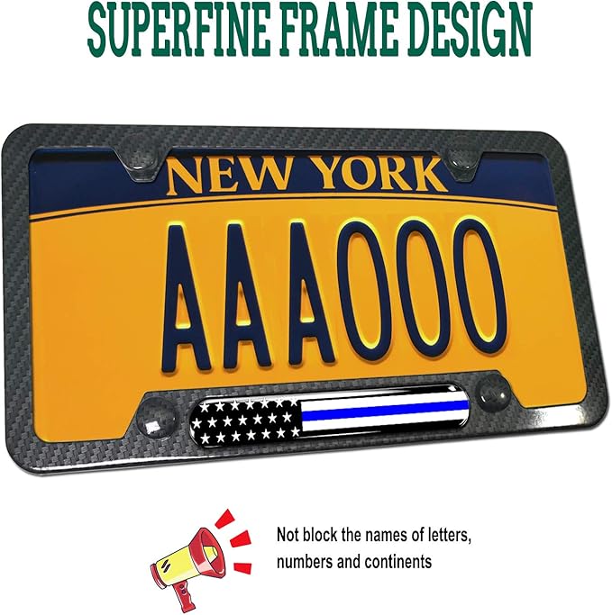 Police Thin Blue Line License Plate Frame- Patriotic Carbon Fiber Car Tag Holder, American Flag Black Aluminum Bracket with Screw, Cap Covers, Decal, Novelty Gift for Law Enforcement, 1 Pack