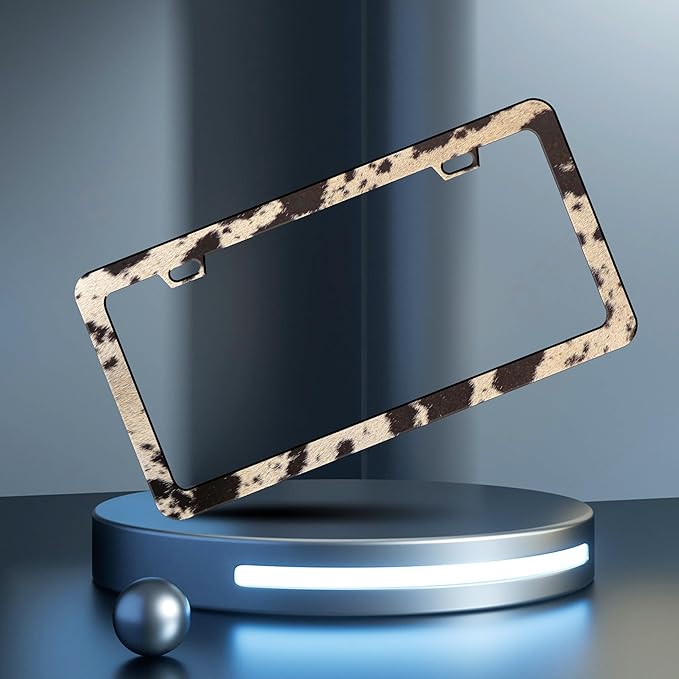 Brown Cow Print License Plate Frame Animal License Plate Frames Personalise Stainless Steel Funny Design Compatible with Standard License Plate Holder for USA Canada 6 X 12 Inch with Screws