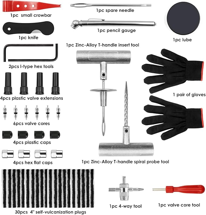 Tyre Repair Kit, 63pcs Heavy Duty Tire Plug, Universal Repair Tool Kit to Fix Punctures and Plug Flats Tire Patch for Car, Motorcycle, Truck, Tractor, Trailer, ARB, ATV, RV, SUV