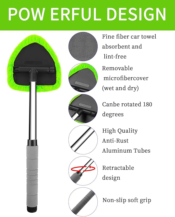 Auto Window Cleaning Tool, Retractable Windshield Cleaner Wand, Car Window Glass Cleaning, Double Sided car Window Cleaner, Microfiber Mirror Cleaning Tool kit. Car Interior Cleaning. (Green)