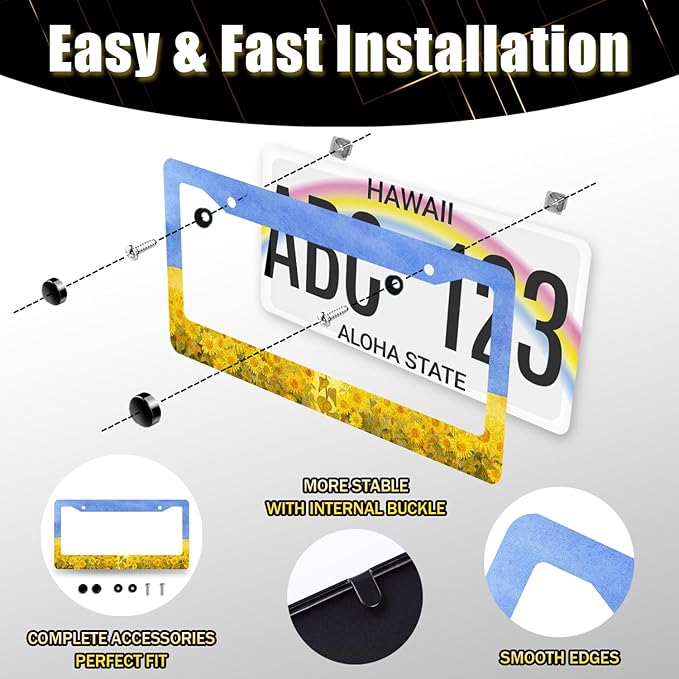 Sunflowers License Plate Frame Watercolor Yellow Floral License Plate Holder Colorful Stainless Steel Flowers Car Accessory Funny License Plate Decoration Size 12.2"x 6.2" with Screws