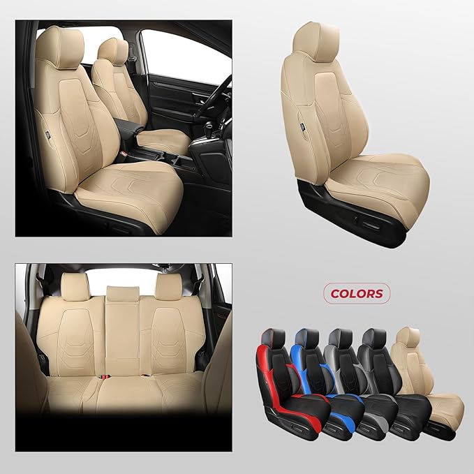 FREESOO CRV Seat Covers Full Set, for Honda CRV LX EX EX-L Sport Touring Hybrid 2017 2018 2019 2020 2021 2022, Custom Fit Seat Covers, Waterproof Leather Car Seat Covers, Beige