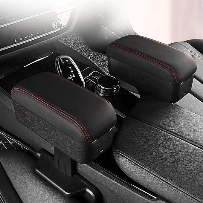 JEYODA Car Armrest Box with Cup Holder Car Central Liftable Armres Storage Organizer Box Arm Rest，Car Seat Gap Filler Organizer (Black red line)