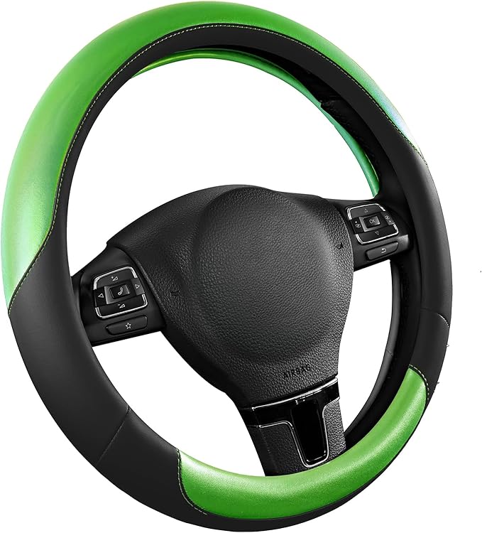 Road Comforts Steering Wheel Cover – Breathable Leather Steering Wheel Cover, Anti-Slip Grip, Universal Fit 14.5” to 15”, Heat & Cold Resistant for Cars, SUVs, and Trucks – Black & Green