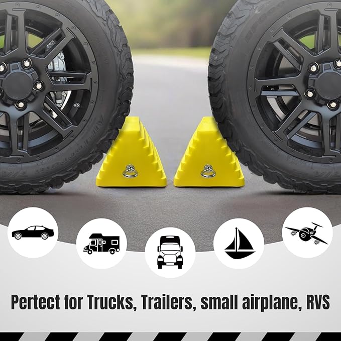 Premium 4 pcs Heavy Duty Wheel Tire Chocks, Vehicle Chocks with Eyebolt for Travel Trailers, Camper, Truck, Car and ATV 4 Pack, Yellow