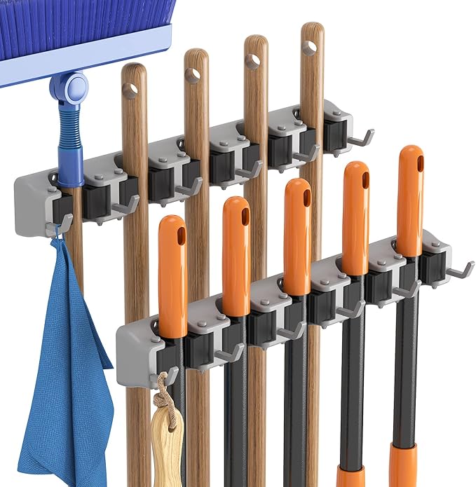 Lifewit Mop and Broom Holder Wall Mount, Anti-Slip Broom Hanger for Kitchen Organization, Heavy Duty Cleaning Supplies Organizer, Easy Install Tool Organizer for Closet, Garage, 2 Pack, Grey