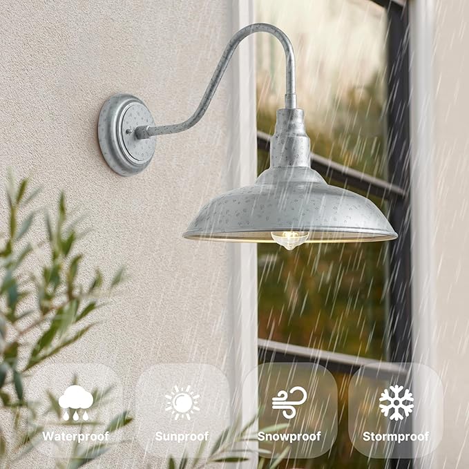 14in Outdoor Gooseneck Barn Lights for Patio, Galvanized Finish Exterior Farmhouse Wall Light Fixtures, Barn Style Porch Wall Sconce for Garage, Front Door