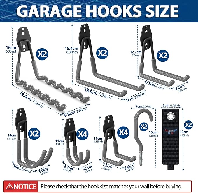 3-H Garage Wall Hooks 20 Pack, Garage Hooks Heavy Duty with Extra Welding Spots, Garage Organizer for Garden, Lawn, Chairs, Ladders, Weed Eater, Shovel(Gray)
