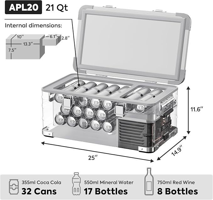 ICECO APL20 12 Volt Car Refrigerator, 21 Qts Light Duty Aluminum 12V Portable Fridge Freezer, Electric Cooler with SECOP Nano Compressor, -4℉~68℉, 12/24V DC, 100-240V AC for RV, Truck, Camping