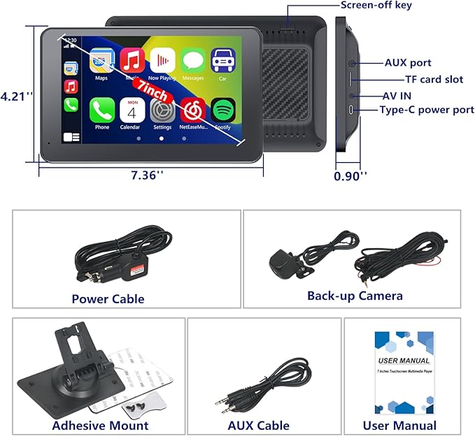 Wireless Car Stereo with Apple CarPlay/Android Auto, Portable Touch Screen Car Radio Multimedia Player with Bluetooth, Backup Camera, Navigation, Mirror Link for All Vehicles