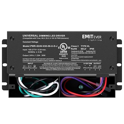 EMITEVER 30W Dimmable LED Driver, 24V Triac Dimmable Power Supply, AC to DC Transformer for LED Light, Compatible with Lutron and Leviton Dimmer, Waterproof IP67 and UL Listed, Class 2