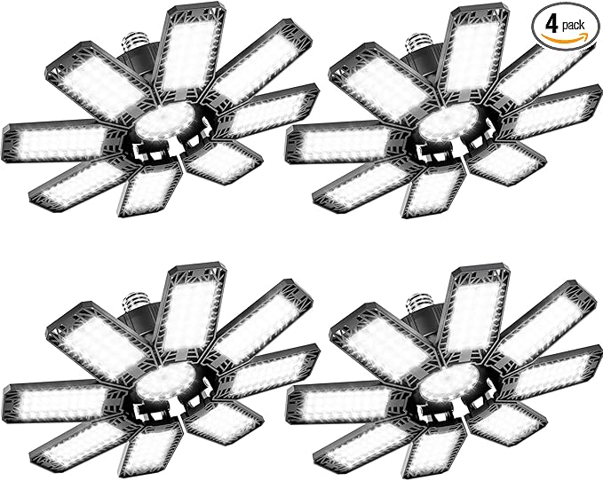 Garage Light 4 Pack - 240W 24000LM 6500K Garage Lights Ceiling LED with 8+1 Deformable Panels, E26/E27 Screw Socket in LED Shop Light for Workshop, Basement, Gym, Barn, Warehouse etc Bay Lighting