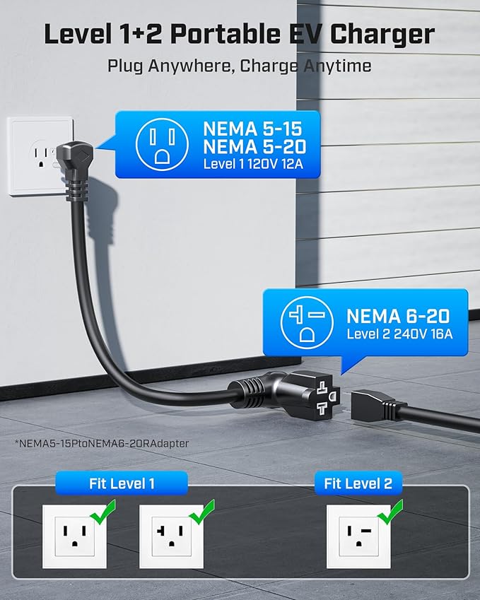 2025 Upgraded Level 1&2 Portable EV Charger, 16Amp Adjustable Current & Timer, 110V–240V, NEMA 5-15 & 6-20 Plugs, 21Ft EV Charging Cable, J1772 Electric Car Charger for All EVs/PHEVs, EV Charging Cord