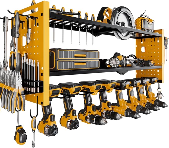 Power Tool Organizer Wall Mount,Cordless Drill Hanger Storage Rack 8 Drill Holder,3 Layers Heavy Duty Power Tool Storage Rack(Yellow)