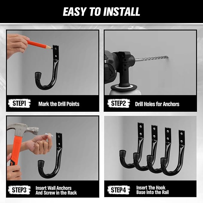 Heavy Duty Garage Storage Hooks, 6-piece Bike Hooks for Garage Wall, Utility Garage Hooks, Wall Mount J Hook for Hanging, Large Metal Storage Organizer Tool, Extension Cord Hanger