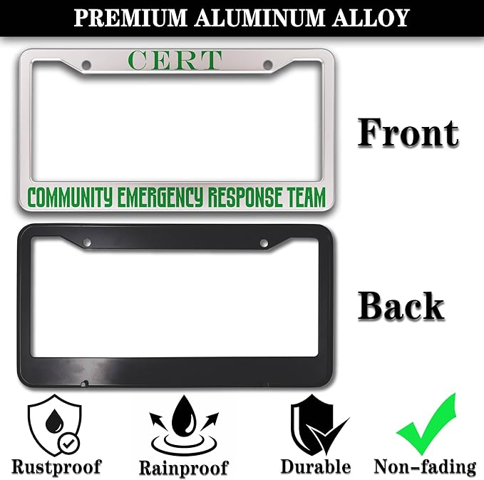 License Plate Frames Black Green Automotive Exterior Accessories Cert Community Emergency Response Team Aluminum Metal Car Accessory 2 Pack with Screw Covers Set