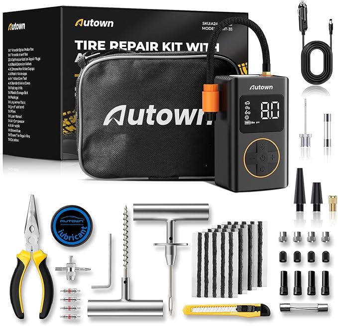 Flat Tire Repair Kit with Air Compressor 54 Pieces for Car, Motorcycle, ATV, Jeep, Truck, Tractor Flat Tire Repair (54PCS)