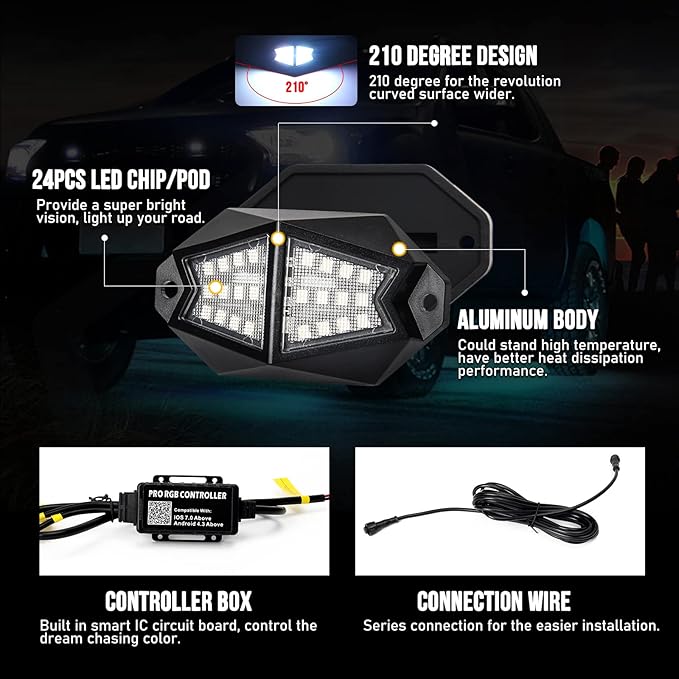 OPP ULITE Dream Chasing Color Led Rock Lights, 210° Luminous RGB & Pure White, Smartphone APP & RF Remote Control RGBW Underglow Interior Light for Jeep Truck SUV Car JK UTV ATV RZR Offroad Boat, 8Pod