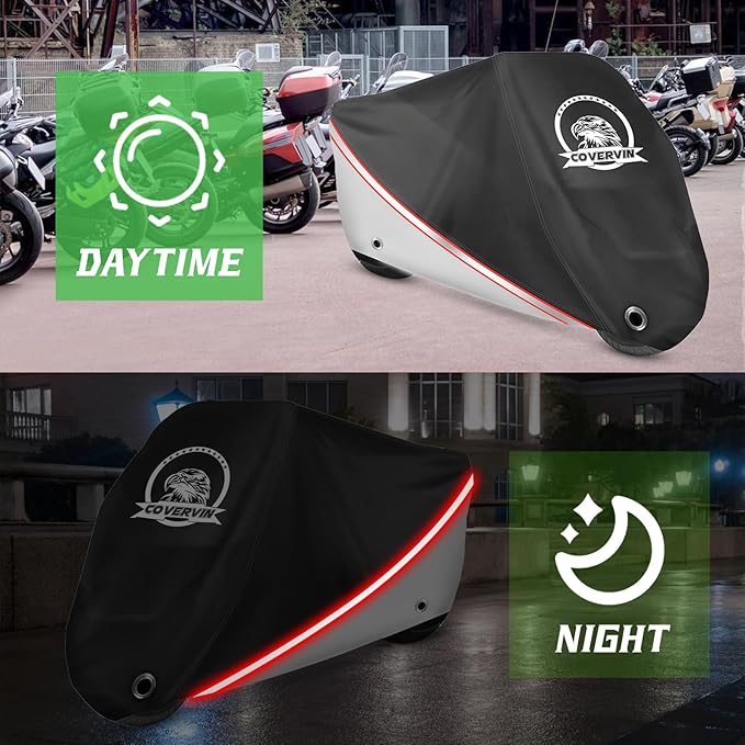COVERVIN Motorcycle Cover, All Weather Outdoor Waterproof Night Protection with Reflective Strips, Locking Holes and Storage Bag for 91 Inch Suzuki, Kawasaki, Honda, Harley-Davidson(Silver L)