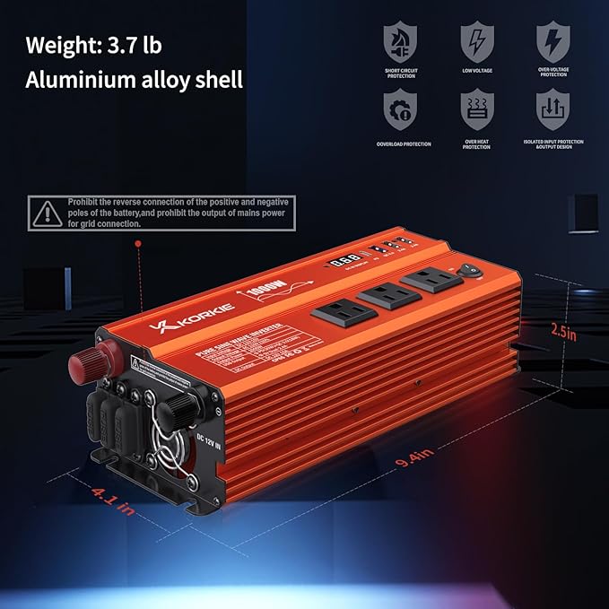 1000W Pure Sine Wave Inverter, Car Power Inverter, 12V DC to 110V AC Power Converter, Emergency Power Inverter with Type-C, Dual 5.2V/2.4A USB, 3AC Outlets for Home,Camping, RV, Truck, Vehicles