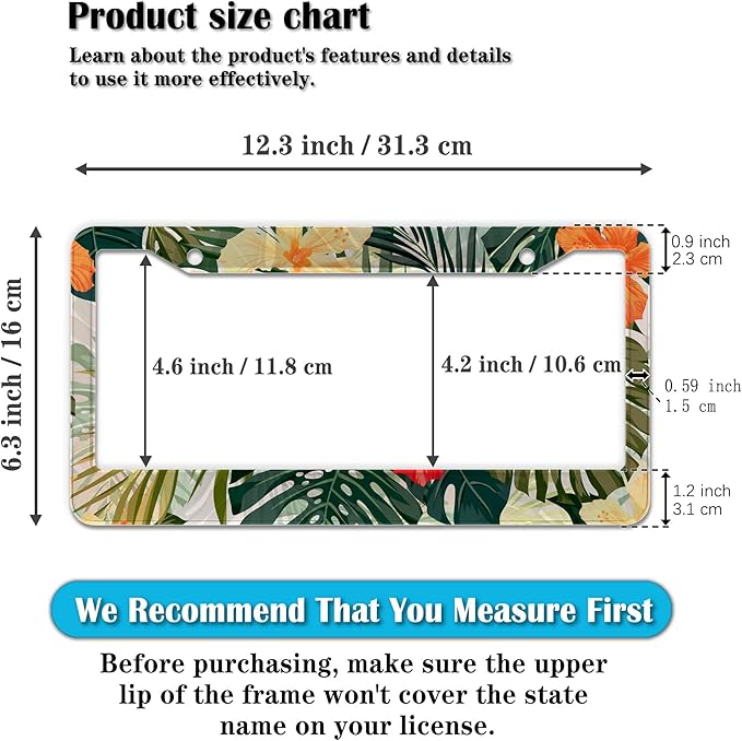 Car Plate Frames Multicolor License Plate Protector Hawaiian Retro Tropical Palm Leaves Universal Aluminum Car Accessory 2 Pack with Screw Covers Set