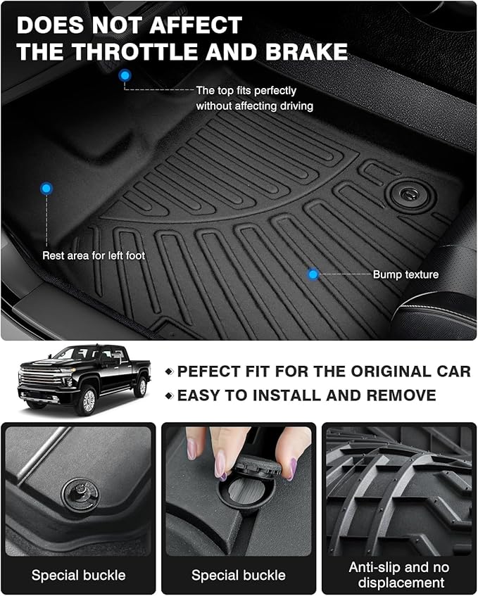 Powerty 3D Floor Mats for 2019-2025 Chevrolet Silverado 1500 & GMC Sierra 1500 - with Rear Underseat Storage Box Accessories