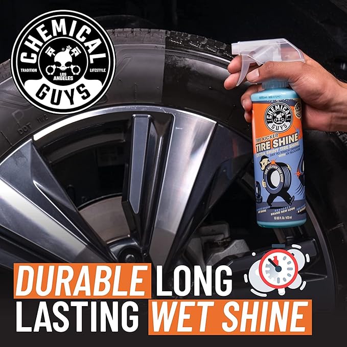 Chemical Guys Tire Kicker Sprayable Extra Glossy Tire Shine With Applicators (Works on Rubber, Vinyl & Plastic) Safe for Cars, Trucks, Motorcycles, RVs & More, 16 fl oz
