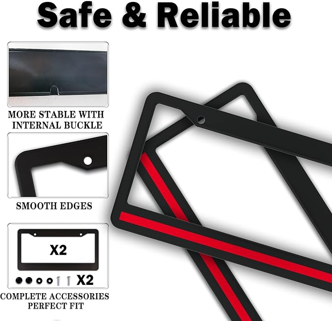License Plate Cover Black and Red License Plate Frames Firefighter Red Line Flag Universal Aluminum Car Accessory 2 Pack with Screw Covers Set