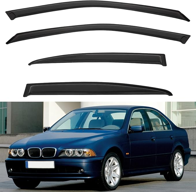 4pcs Front+Rear Smoke Tint Sun/Rain Guard Outside Mount Tape-On Vent Window Visors Compatible with 97-03 E39 5-Series 4-Door Sedan M5 525 528 530 540 i
