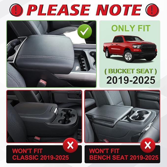Muslogy Center Console Armrest Cover Compatible with Dodge Ram1500 2500 3500 2019-2025 Comfort Armrest Pad Arm Rest Cushion Vegan Leather Protector 1-Inch Extra Thick(Bucket Seat ONLY, NO FOR LIMITED)