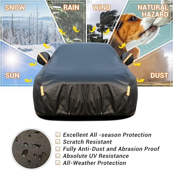 Tecoom All Weather Fleece Lining Car Cover - Windproof, Sun UV Protection, Waterproof, Hail Protector, Zipper Door, Sedan (170-190 Inch)