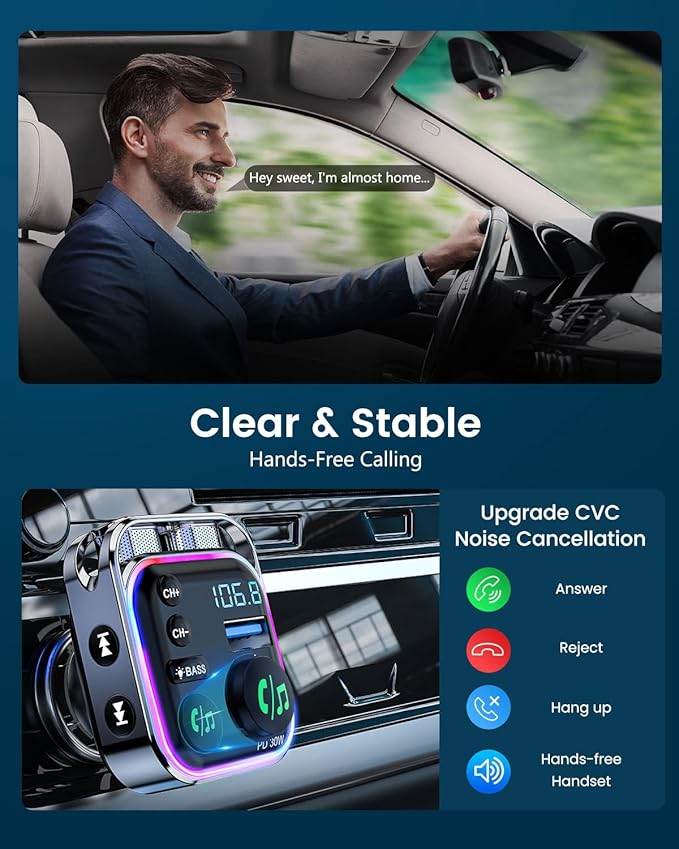 LENCENT Bluetooth 5.3 FM Transmitter Car Adapter 48W (PD30W & QC18W) Fast Charger, Light Switch, HiFi Bass Sound Audio Receiver Wireless Radio MP3 Music Player, Hands-Free Calling, Support USB Drive