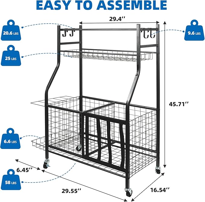 Garage Sports Equipment Organizer, Ball Storage Rack,Garage golf Organizer with Basket and Hooks,Rolling Sports Ball Storage Cart for Toy Gear Storage (45.71 inch)