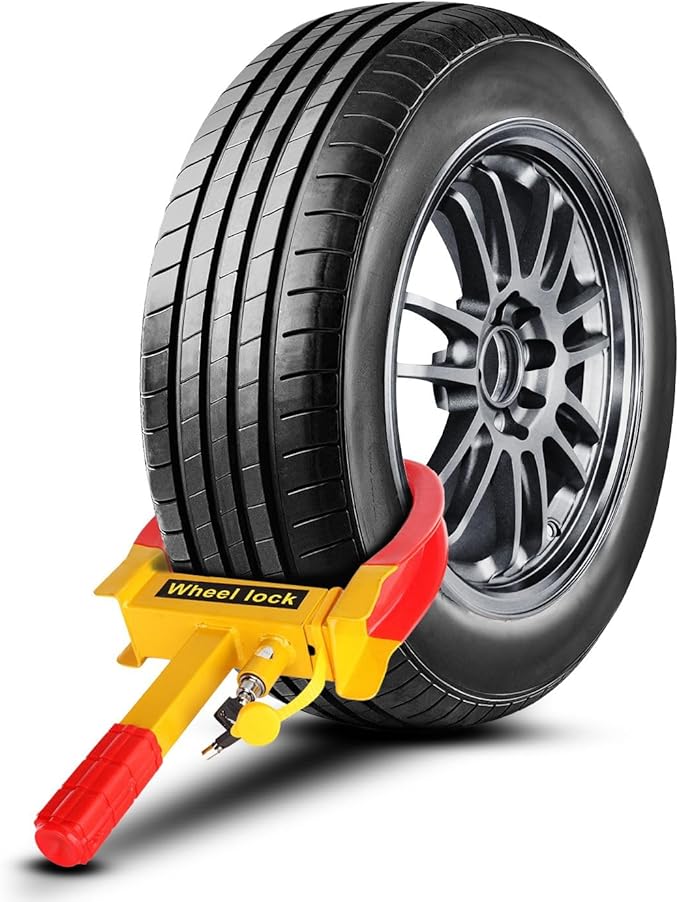Flexzion Trailer Wheel Lock Anti Theft Wheel Clamp Lock - Heavy Duty Adjustable Tire Boot Lock for Trailer with Keys, Red & Yellow Universal Wheel Clamp for Cars, Golf Carts, Boats, Scooters