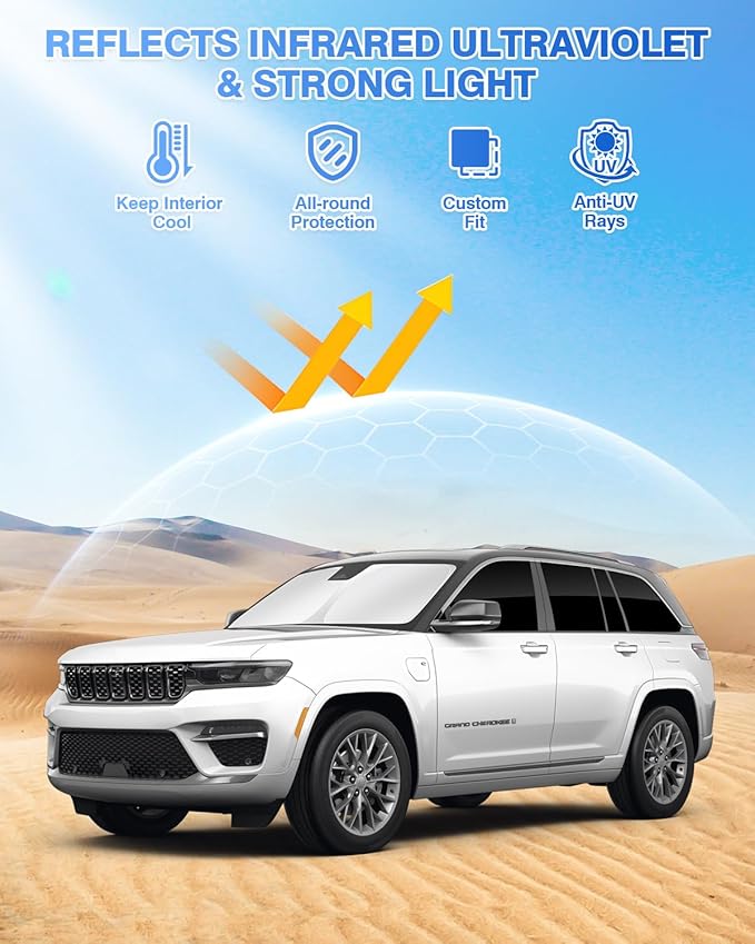 Windshield Sun Shade for 2022-2025 2026 Jeep Grand Cherokee Accessories Sunshade Side Rear Window Shade Cover Sun Visor Shield Privacy Protection Keep Vehicle Cool Black 8PCS