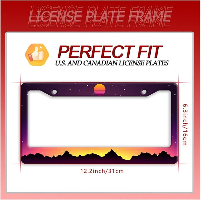 Mountain Sunset License Plate Frame Funny Mountains License Plate Frames Stainless Steel Accessories Cars Decor with 2 Holes and Screws Fits Standard Us Ca Vehicles License Plate Holder 12.2 X 6 Inch