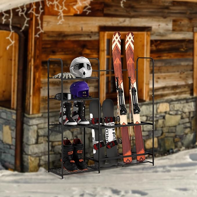 Ski Rack for Garage Freestanding Ski Storage Rack Metal Ski Holders with Storage Shelf Heavy Duty Floor Stand Ski Organizer for Snowboard Ski Poles Ski Boot Goggles Helmet
