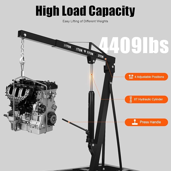 6.89Ft Folding Engine Lift 2 Ton Folding Cherry Picker Shop Crane Hoist Lift Engine Hoist with 6 Wheels Engine Crane Folding Engine Hoist for Car Fixing Workshops Garages (Black)
