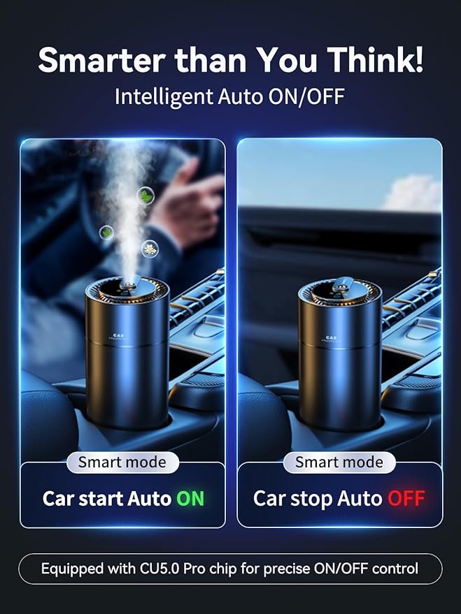 Ceeniu Smart Car Air Fresheners, New smell experience by Ultrasonic mist, Auto On/Off, Powerful Built-in Battery, Long lasting natural fragrance, Adjustable car freshener, Bamboo scent