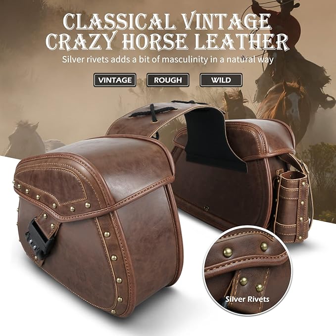 NICECNC Motorcycle Saddle Bags, PU leather Motorcycle Saddlebags, Reinforced Straps & Saddle Piece, with Cup Holder & Lock, Throw Over Saddle Bags Side Bags Universal Motorcycle Accessories, BROWN