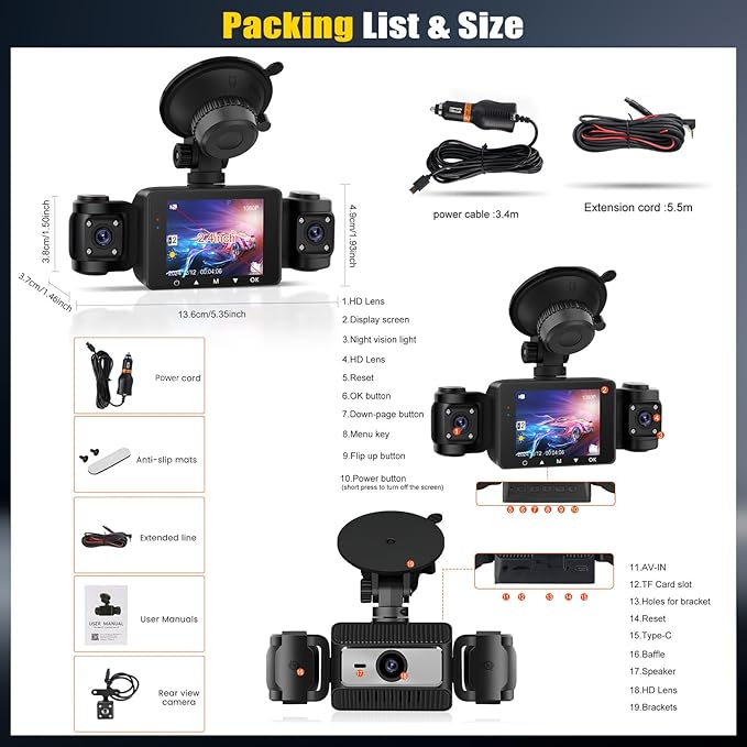 4 Channel Dash Cam Front and Rear Inside Left Right,2.4 Inch 1080P Dash Camera for Cars Car Camera with IR Night Vision,Loop Recording,G-Sensor,Parking Assistance,24H Parking Monitor