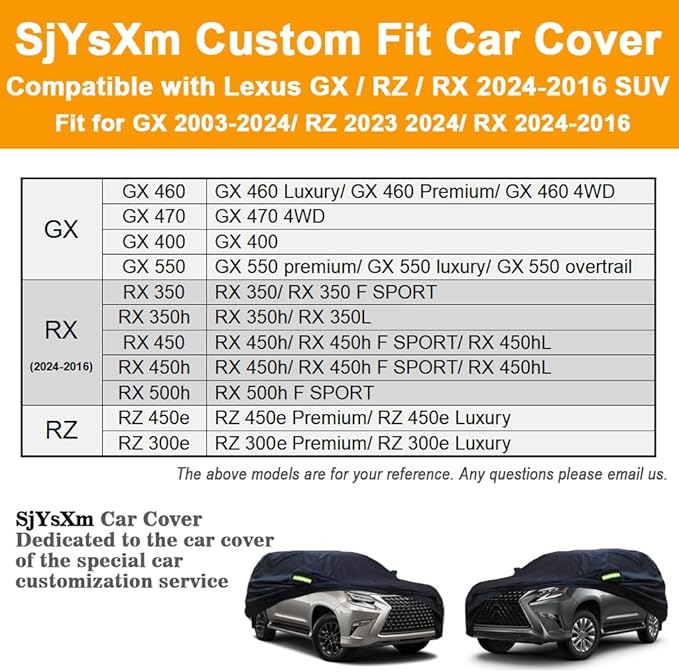 Custom Car Cover Compatible with Lexus GX 2026-2003/TX 2026-2024/LX 1996-2026/RX 2025-2016, All Weather Waterproof Cover with Cotton Lining for GX460 GX470 GX550, Outdoor Rain Sun Snow UV Cover