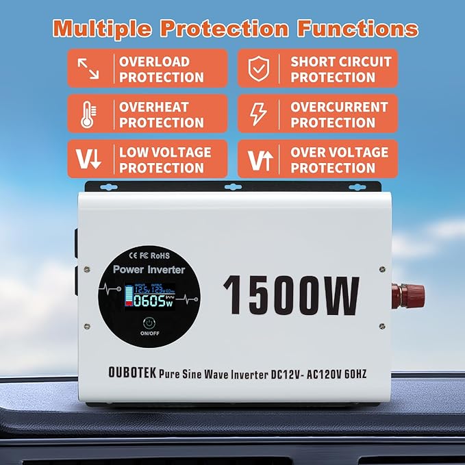 1500W Pure Sine Wave Power Inverter with Peak 3000W,12V to 120V AC Converter, Wireless Remote, 4 AC Outlets, 2 USB Ports and Type-C for RV, Solar Off-Grid