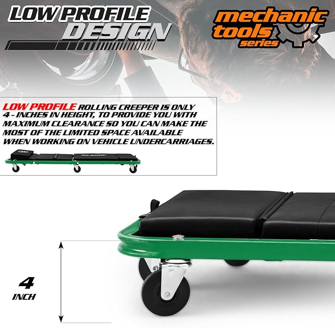 M-AUTO Heavy-Duty Convertible Mechanic Creeper, Z-Creeper 2-in-1 Creeper and Seat 48" Padded Adjustable Headrest Roller Garage Chair with 7 Swivel Casters for Washing, Detailing, Maintenance, Green