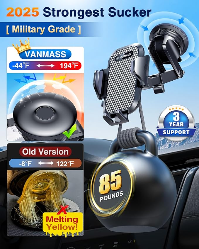 VANMASS [Pro Version] Universal Car Phone Mount [2025 Super Suction Cup] Phone Holder for Car, Cell Phone Car Mount for Windshield Dash Vent Truck Stand for iPhone 16 Pro Max 15 14 13 Samsung Android