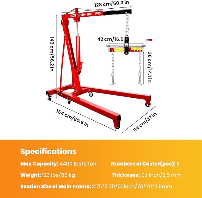 2 Ton Engine Hoist, Folding Cherry Picker Engine Hoist with Engine Leveler for Hoist and 6 Casters, Heavy Duty Hydraulic Shop Crane, Engine Crane Lifter for Workshops Garage Warehouse, Red